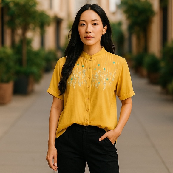Yellow Embroidered Women's Blouse says size 2XL but was shrunk to a medium large - Picture 1 of 9
